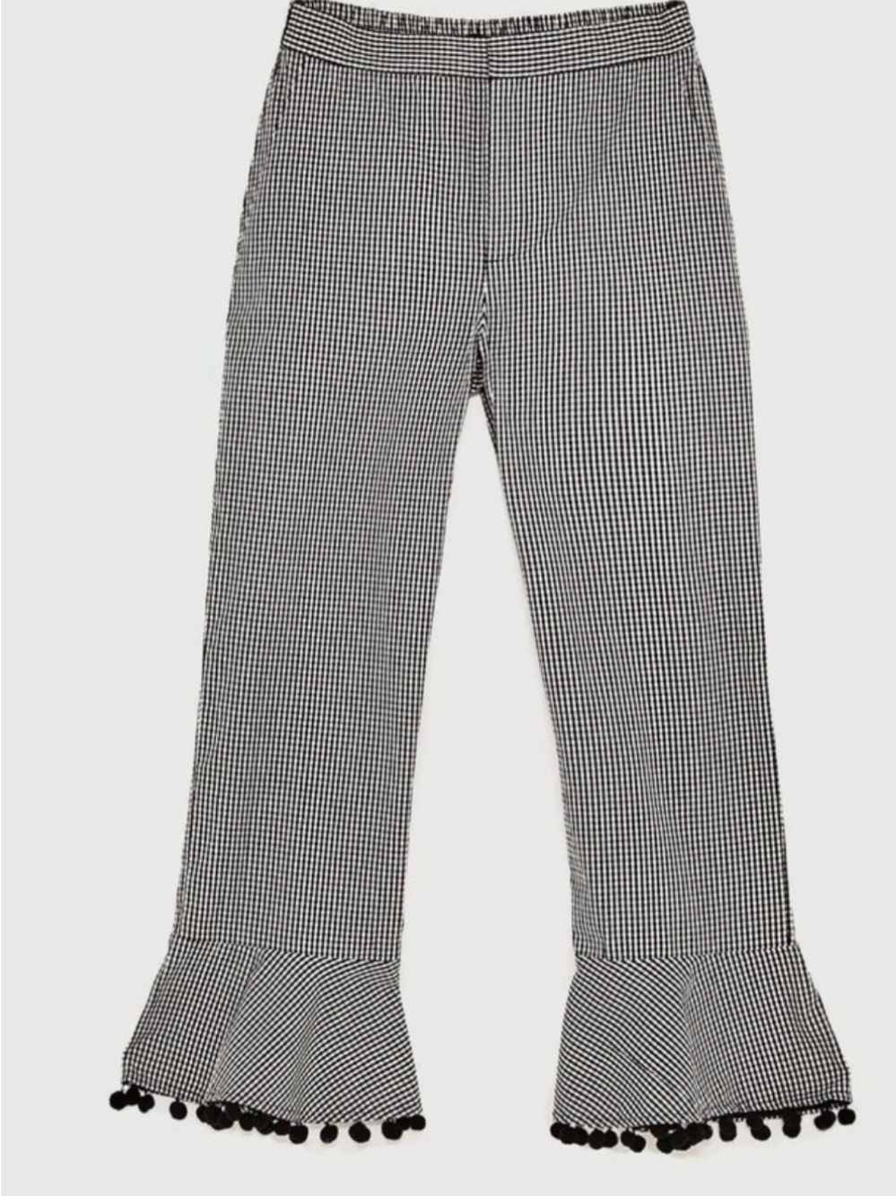 Zara Black & White Gingham Flared Pom-Pom Hem Pants S
